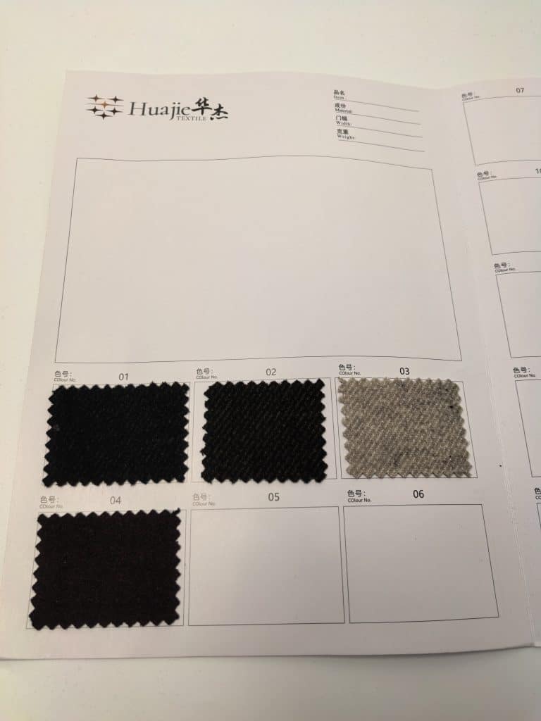 Ultra-Fine Tailored Diagonal Twill Heavyweight Blend Fabric — Style 232377 5 Fabric swatches on a sample sheet.